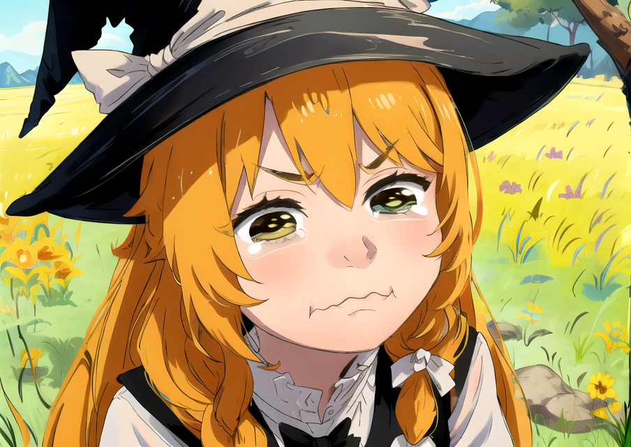 00444-746163778-highres, (best quality), (ultra-detailed), kirisame marisa, blonde hair,  , witch hat, single braid, solo, outdoors, grass, vest.png